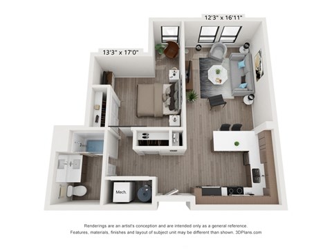 Floor plan for 1 bed, 1 bath, 612 sqft